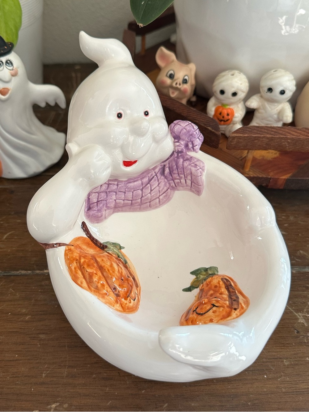 Vintage Ceramic Ghost Candy Dish in White with Purple Scarf and Orange Pumpkins